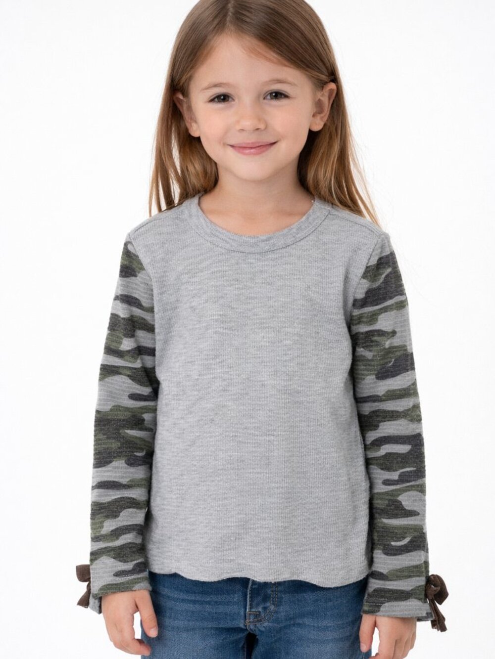 Wonder Nation Girls Waffle Knit Tee Camo Long Sleeves Gray 6/6X